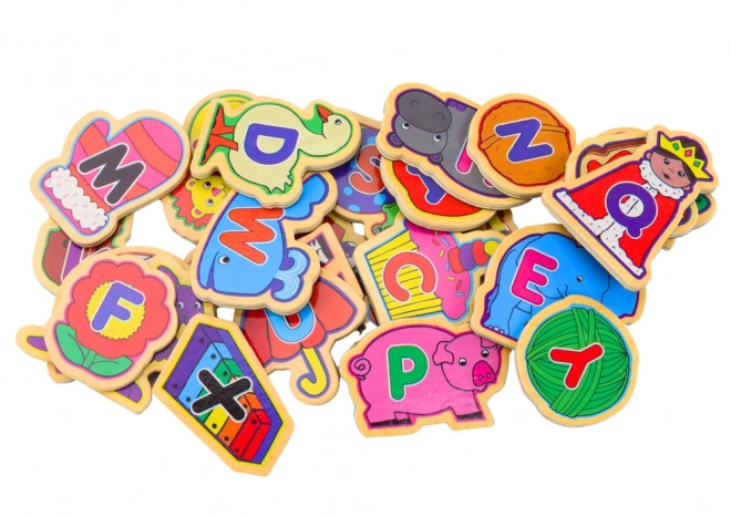 Set houten magneten letters afbeeldingen dieren 26 stuks