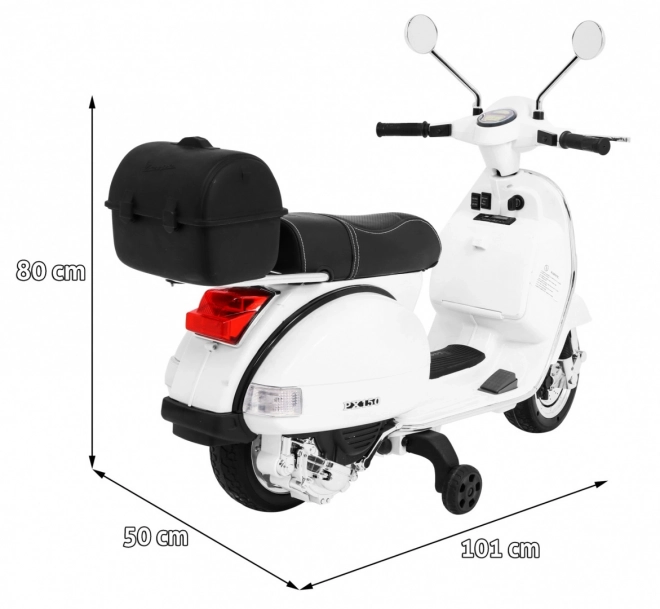 Elektrische kinderscooter Vespa wit met zijwieltjes, audio en eco-leer
