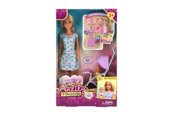 Pop Anlily 30cm met meisje en kinderwagen + accessoires plastic in doos 20x32x7cm
