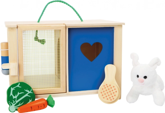 Small Foot plush rabbit in wooden hutch with accessories