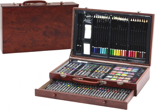 Set artistique en mallette en bois crayons de couleur, crayons pastels, peintures