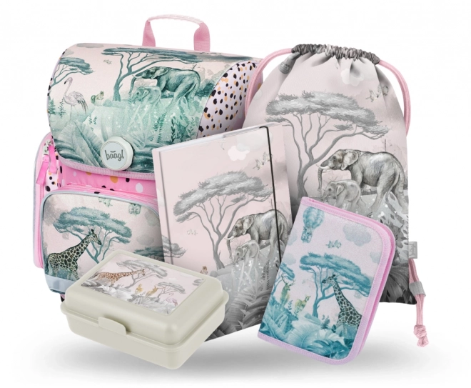 Schoolset BAAGL Safari: Ergonomische rugzak, etui, zak, mappen, doos