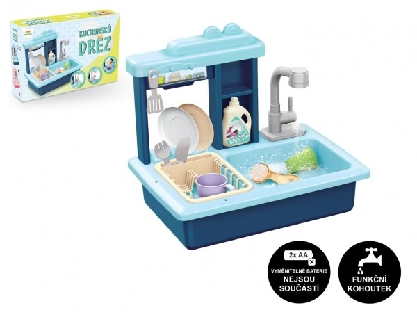 Blaues Kindergeschirrspülbecken mit batteriebetriebenem Wasserhahn