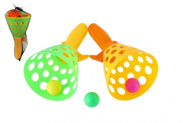 Catch balspel vangen 2 stuks plastic 19cm + 3 ballen in net