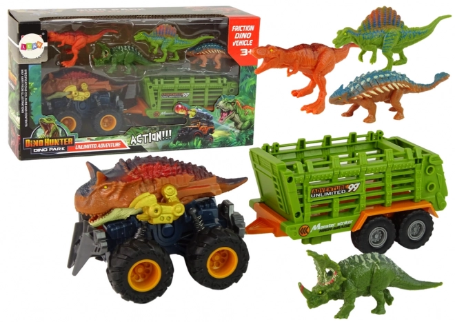 Dinosauruswagen met aanhanger en 4 dinosaurusfiguren