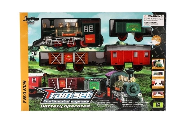 Trein + 3 wagons met rails 8 stuks op batterijen met geluid en licht in doos 41x28x6cm