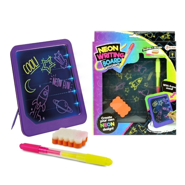 Schrijfbord met batterij met neonlicht en stift van kunststof + spons in doos 21x26x3cm