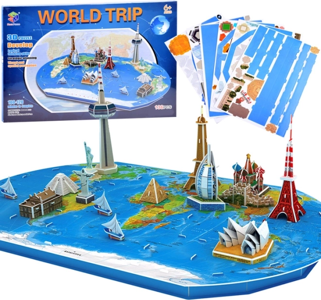 3D puzzle world map with the most famous landmarks