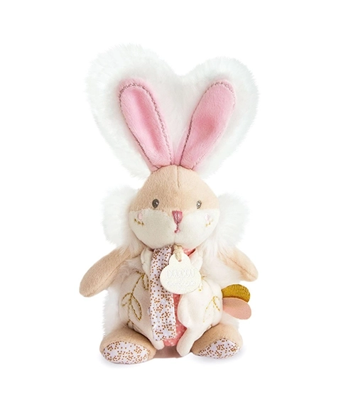 Doudou Speeltje konijn met rammelaar en fopspeenhouder 21 cm – roze