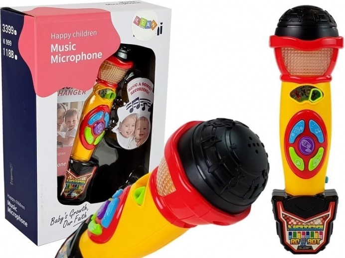 Kinder-Karaoke-Mikrofon gelb–schwarz mit Aufnahme und Lichteffekten