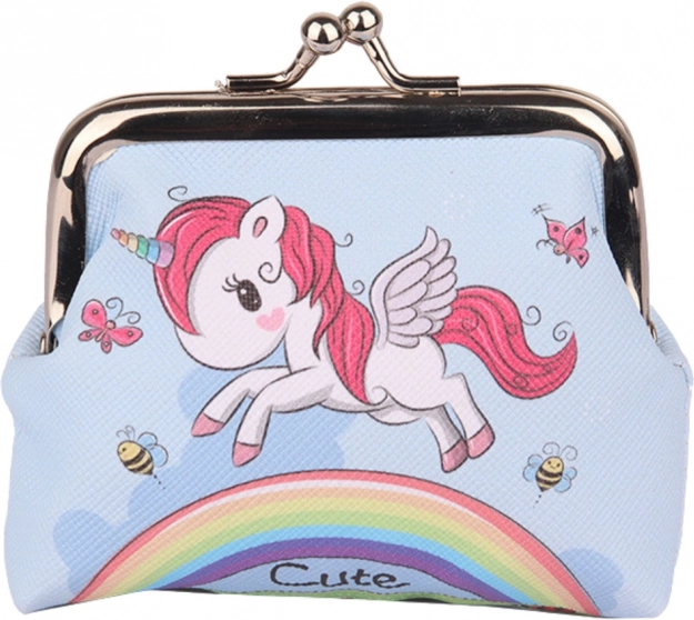 Portefeuille pour enfant Licorne au-dessus de l’arc‑en‑ciel bleu serrure métallique 10x9 cm