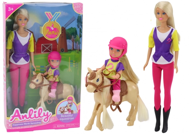 Poppen set Anlily met kind en pony rijstal