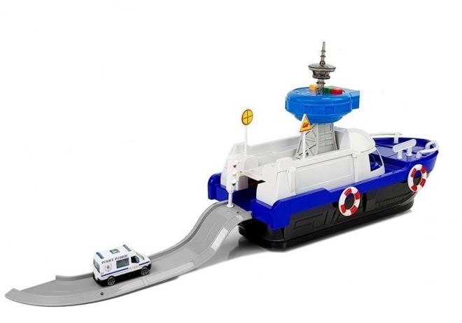Bateau de transport de police avec voitures, avec son et lumières
