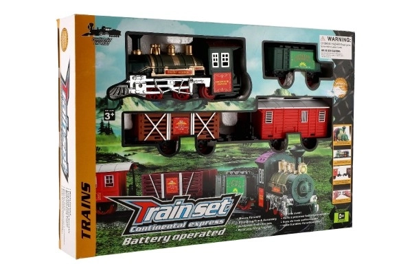 Trein + 3 wagons met rails 8 stuks op batterijen met geluid en licht in doos 41x28x6cm