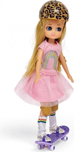 Lottie doll skateboarder with a purple skateboard