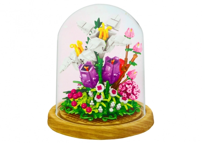 Bloemige bouwsets in glazen vitrine