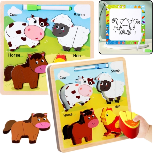 Houten educatieve puzzel Huisdieren met tekentablet