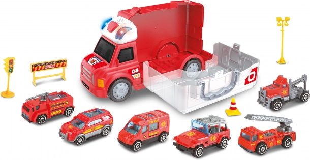 Brandweerauto met effecten en 6 kleine auto’s