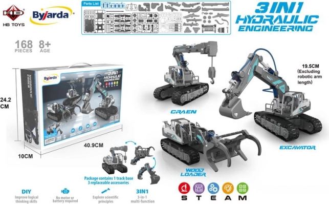 3-in-1 Construction Kit: Hydraulic Construction Machines for Kids 8+, 168 Pieces