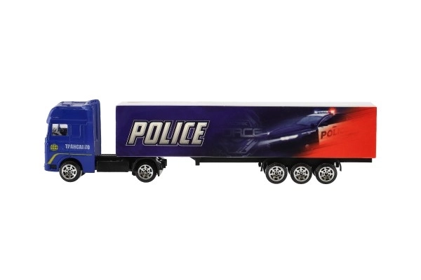 Vrachtwagen met aanhanger metaal/plastic 20cm vrij rollend assortiment in plastic doosje 20x5x3cm
