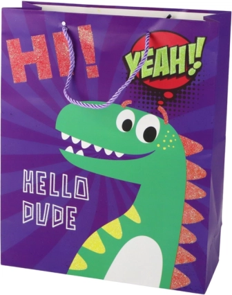 Sac cadeau en papier violet avec dinosaure 41,5 × 30 × 12 cm