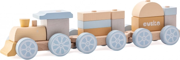 Cubika pastel rainbow train with two wagons – wooden stacking toy, 15 pieces