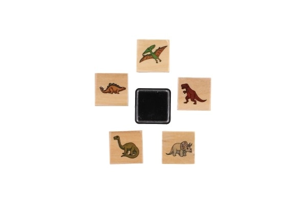 Houten stempels 5+1 met kussen dinosaurussen 3x3cm op kaart