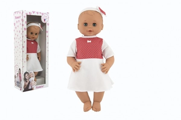 Pop Hamiro knipogend 50 cm met stevig lichaam en witte jurk met rode stippen