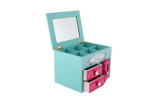 Juwelenkastje Princess 3 lades met opklapbare bovenkant met spiegel hout 16x12,5x12cm in doos
