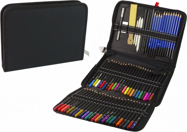 Set voor kleine kunstenaars – kleurpotloden, potloden en houtskool in etui, 95 stuks