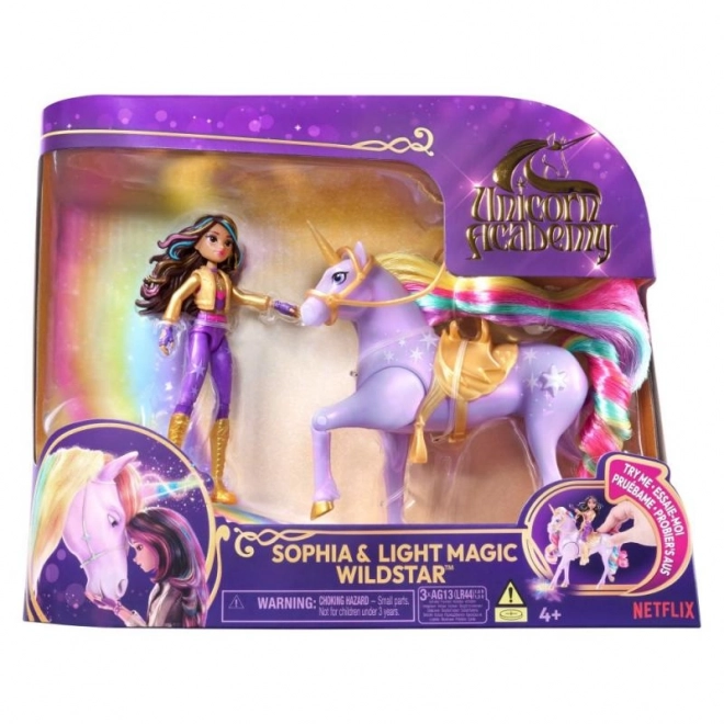 Lichtgevende eenhoorn en figuur Sophia & Wildstar