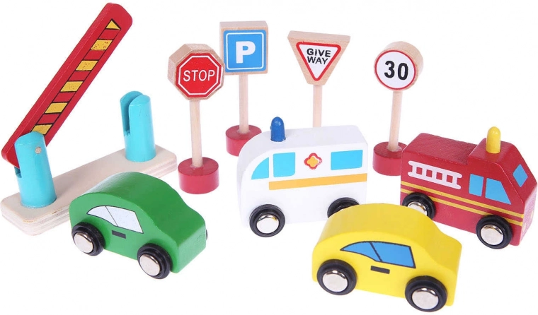 Toy cars and traffic signs included