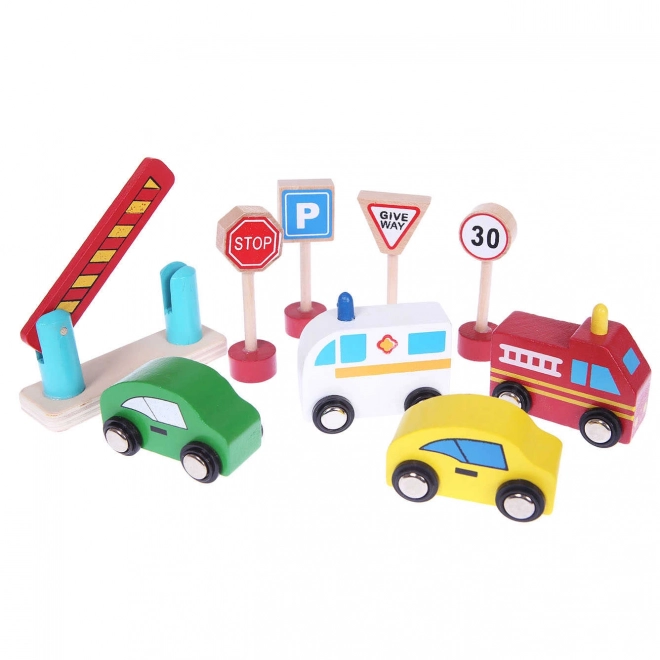 Houten garagebaan met lift + speelgoedauto's Ecotoys