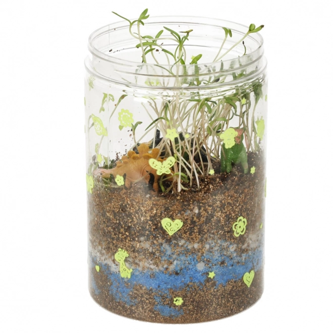 Terrarium for Growing Plants with LED Lamp and Dinosaurs