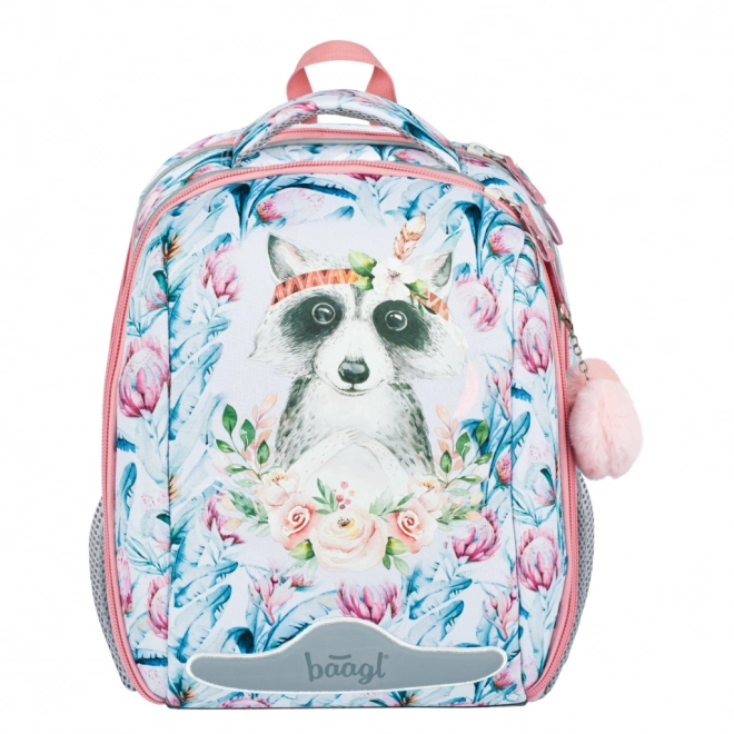 Schooltas met wasbeer en bloemenpatroon