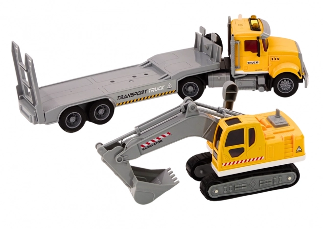 Camion jaune avec une pelleteuse sur chenilles avec lumières et sons
