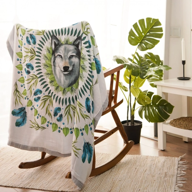 Bamboe mousseline deken Tommy Lise met motief van een wolf 106x106 cm