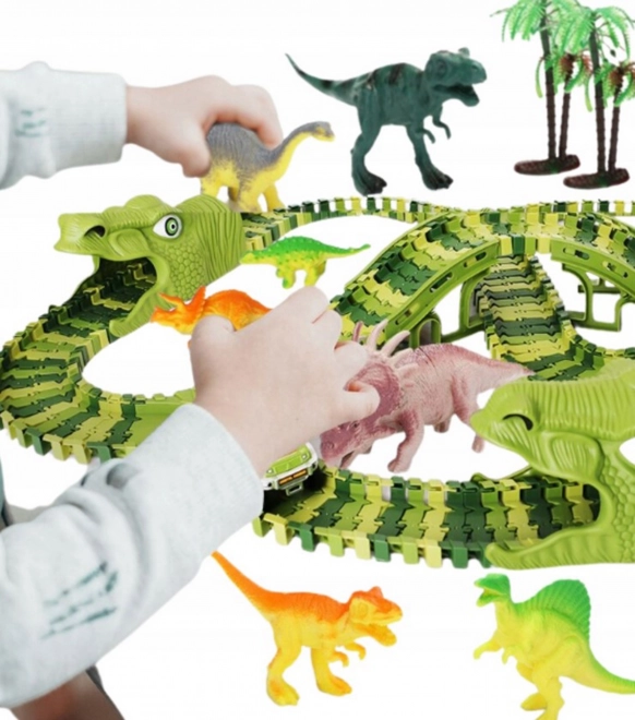 Piste de course de dinosaures avec petite voiture et figurines