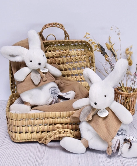Doudou plush bunny with beige cuddle blanket 25 cm