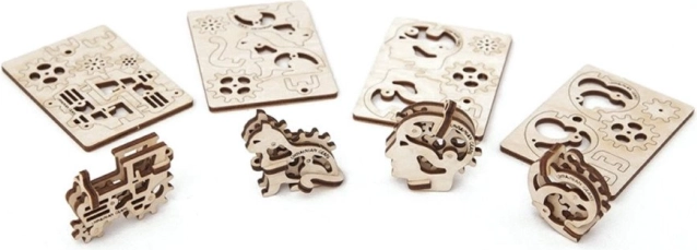 Ugears 3D mechanische Holzpuzzles – 4 mechanische Anhänger Charakter-Symbole