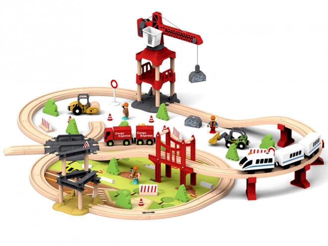 Houten spoorbaan voor kinderen met transportbasis en kraan