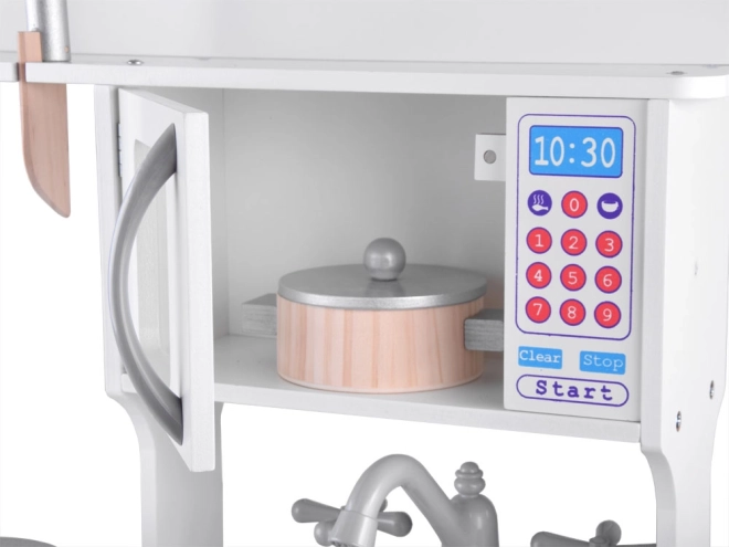Microwave, storage spaces, and accessories