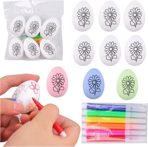 Œufs de Pâques en polystyrène à peindre avec motif floral, 6 pièces avec feutres