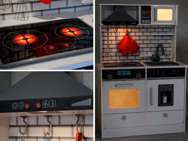Grote houten keuken met lichten en geluiden
