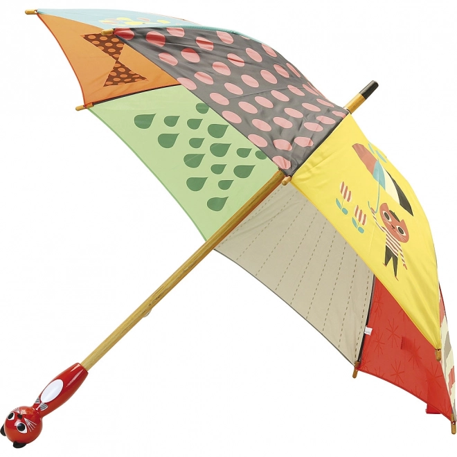 Kleurrijke kinderparaplu met handvat in de vorm van een kat