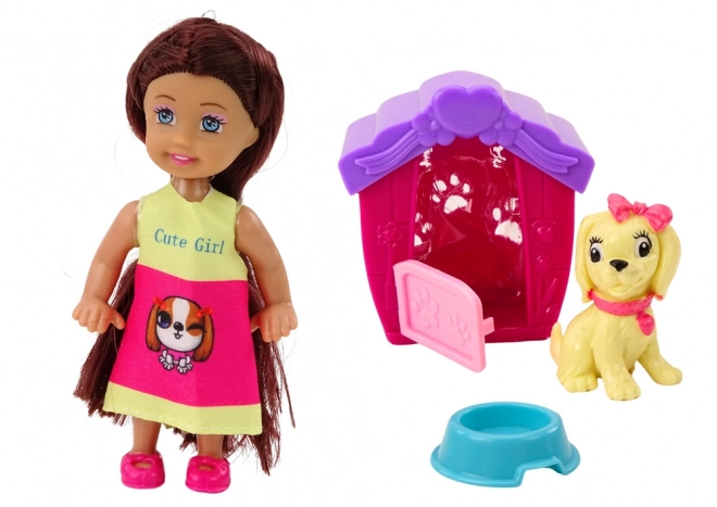 Mini doll with long hair and colorful skirt with dog and kennel