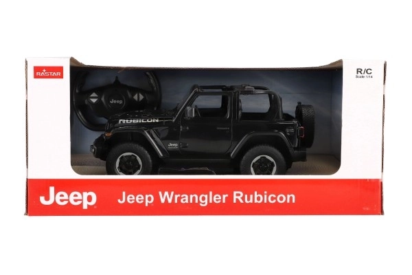 Auto RC Jeep Wrangler Rubicon zwarte plastic 29cm 2,4GHz op afstandsbed. op batterijen in doos 44x19x26cm