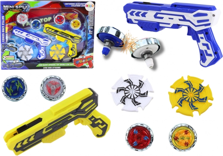 Set aus Pistolen-Launcher mit 4 Metallscheiben mit Lichteffekten – Blau und Gelb