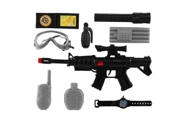 Pistool/machinepistool politie 38cm plastic met accessoires in zak 21x50x6cm