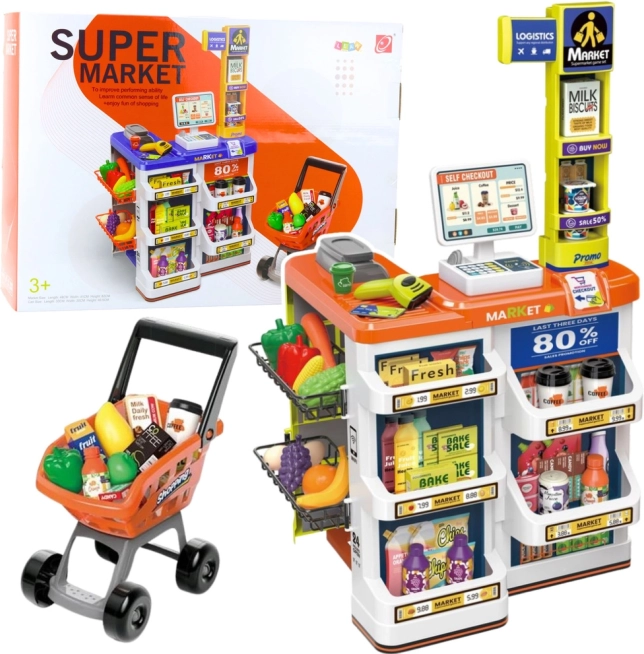 Magasin pour enfants avec caisse et chariot – set de supermarché 60 pièces